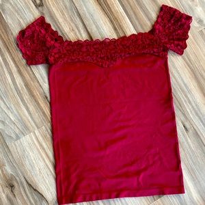 Maroon, stretchy silk, off the shoulder top.